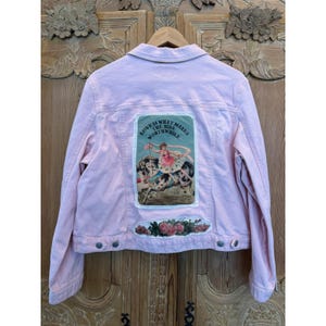 Upcycled Pink Denim Jacket XL – Vintage Circus Patch + Roses One of a Kind