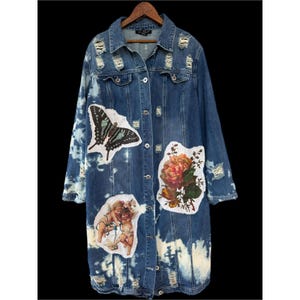 Upcycled Denim Coat Cherub Rose Patch Long Jacket Boho Folk Art XL/XXL