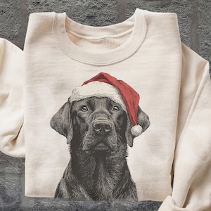 Pu&ograve; includere: Felpa color crema con un Labrador Retriever nero con un cappello da Babbo Natale rosso e bianco. Il ritratto del cane &egrave; dettagliato. Le maniche sono arrotolate. Le parole "OLD SCHOOL CURIOS" sono stampate in basso a destra.