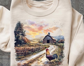 Retro Chickens & Barn Farm Fall Creek Scene Sweatshirt - 90's Vintage Backyard Chicken Farmer Outfit - Boho Unisex Crewneck Sweatshirt