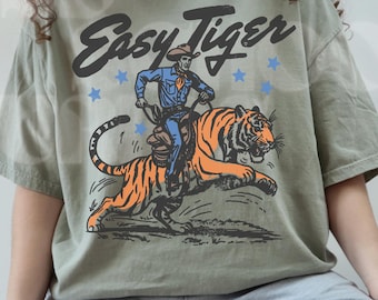 Easy Tiger Comfort Colors® T-Shirt, Vintage Distressed Tiger Shirt, Oversized Retro Tiger Tee, Trendy Grunge Indie Boho Shirt, Graphic Tees