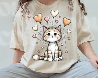 Comfort Colors® Cute Valentine Cat Hearts Shirt, Love T-Shirt, Valentine’s Day Graphic Tee, Cat   shirt, Valentine Cat Lover