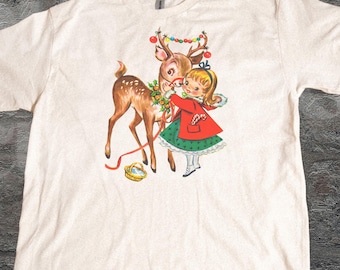 Christmas Girl and Reindeer Vintage 90s Style Shirt, Vintage 50s Holiday Tee, Grunge Retro Deer Shirt, Nature Y2k Streetwear T-Shirt