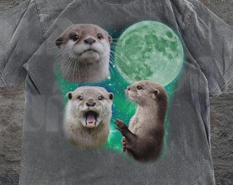 Three Otters Vintage Graphic T-shirt, Retro Otter Moon Shirt, Otter Lovers, Funny Graphic Tee, Oversized Washed Tee, Weirdcore T-shirts