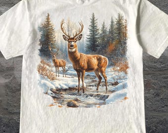 Retro Deer Snowy Nature 90s Shirt, Vintage Mystical Deer Nature Camping Outfit, Boho Unisex Adult Shirt, Nature Wildlife Shirt, Hunter Shirt