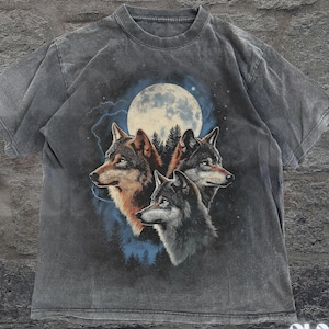 Vintage Wolf 90s Graphic Shirt, Wolf Lovers Retro Moon Tee, Vintage 90s Style Wolf shirt, Wolf Emo Meme Tee, Mental Health Shirt, Wolf Sigma