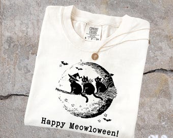 Happy Meowloween Vintage Shirt, Halloween Cat Shirt, Witchy Moon Graphic, Black Cat Lovers Gift, Spooky Fall, Comfort Colors® Unisex Top