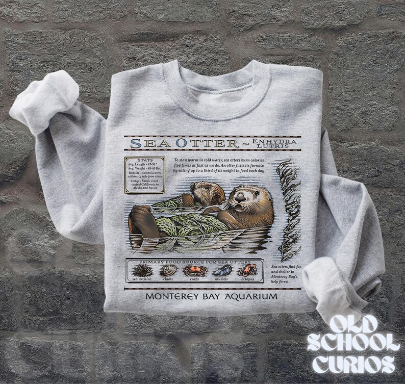 May include: A light grey sweatshirt with a detailed illustration of sea otters, scientific information, and the text "SEA OTTER - ENHYDRA LUTRIS." The sweatshirt also includes the text "Monterey Bay Aquarium" and "Old School Curios."