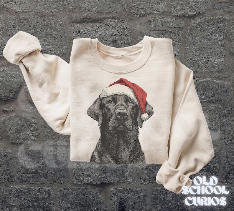 Pu&ograve; includere: Felpa color crema con un Labrador Retriever nero con un cappello da Babbo Natale rosso e bianco. Il ritratto del cane &egrave; dettagliato. Le maniche sono arrotolate. Le parole "OLD SCHOOL CURIOS" sono stampate in basso a destra.