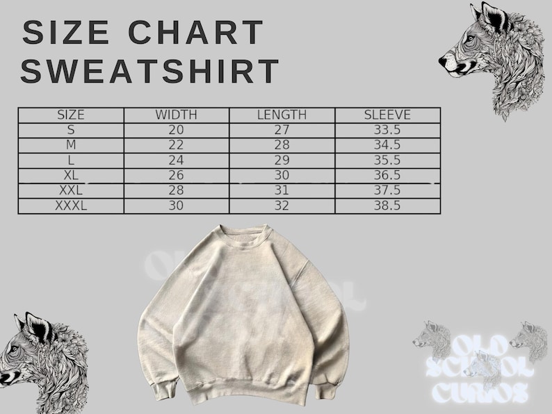 Op de afbeelding: Een beige sweatshirt met een maattabel. De tabel geeft de maten S tot XXXL weer, met bijbehorende breedte-, lengte- en mouwmaten in centimeters. De tekst "SIZE CHART SWEATSHIRT" staat bovenaan.