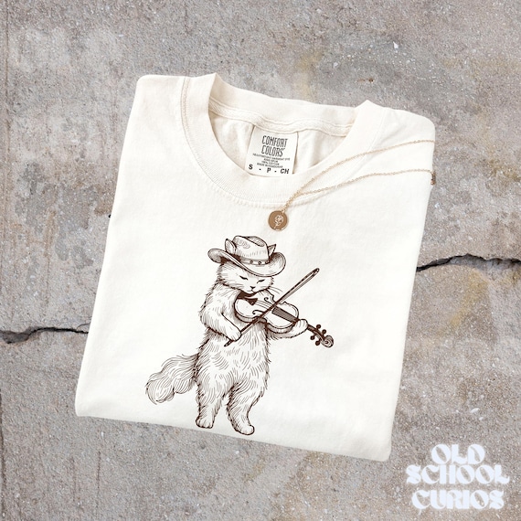Comfort Colors® Cat Playing Violin Shirt, Funny 90s Animal Tee, Vintage Music Lover Gift, Retro Graphic Unisex T-Shirt for Her or Him