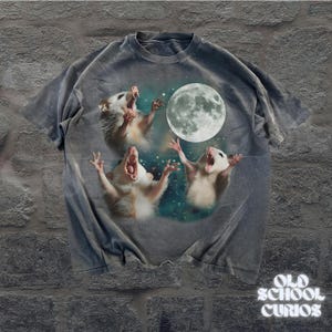 May include: Gray t-shirt featuring a graphic of three opossums howling at a full moon against a starry background. The shirt has a vintage, distressed look, with the text "OLD SCHOOL CURIOS" at the bottom.