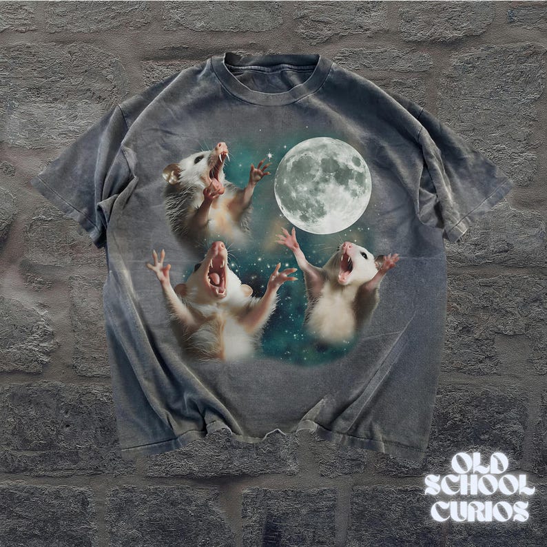 May include: Gray t-shirt featuring a graphic of three opossums howling at a full moon against a starry background. The shirt has a vintage, distressed look, with the text "OLD SCHOOL CURIOS" at the bottom.
