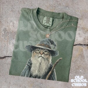 K&ouml;nnte beinhalten: Gr&uuml;nes T-Shirt mit einer Katze als Zauberer, mit langem wei&szlig;em Bart, spitzem Hut und Stab. Das Shirt tr&auml;gt den Text "Old School Curios" und ein Comfort Colors-Etikett. Eine silberne Halskette mit Anh&auml;nger ist ebenfalls sichtbar.