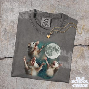 K&ouml;nnte beinhalten: Ein graues Comfort Colors T-Shirt mit einer Grafik von drei Opossums, die den Vollmond anheulen. Eine goldene Sternanh&auml;nger-Halskette liegt auf dem Shirt. Auf dem Shirt steht der Text "OLD SCHOOL CURIOS".