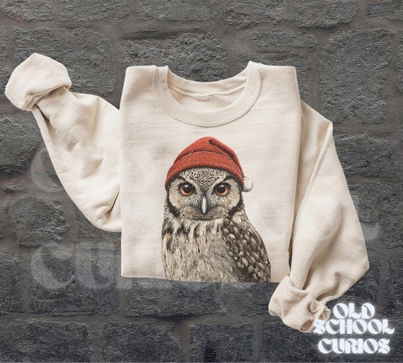Retro Great Horned Owl Sweatshirt, Vintage Birding Sweater, Beanie Owl Birdwatching Pullover, Unisex Nature Lover Gift