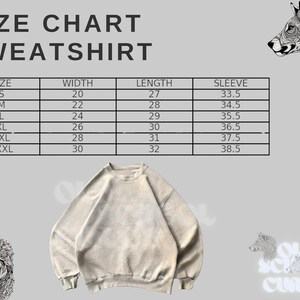 Puede incluir: Sudadera beige con una tabla de tallas. La tabla enumera las tallas S a XXXL, con las medidas correspondientes de ancho, largo y manga en cent&iacute;metros. El texto "SIZE CHART SWEATSHIRT" est&aacute; en la parte superior.