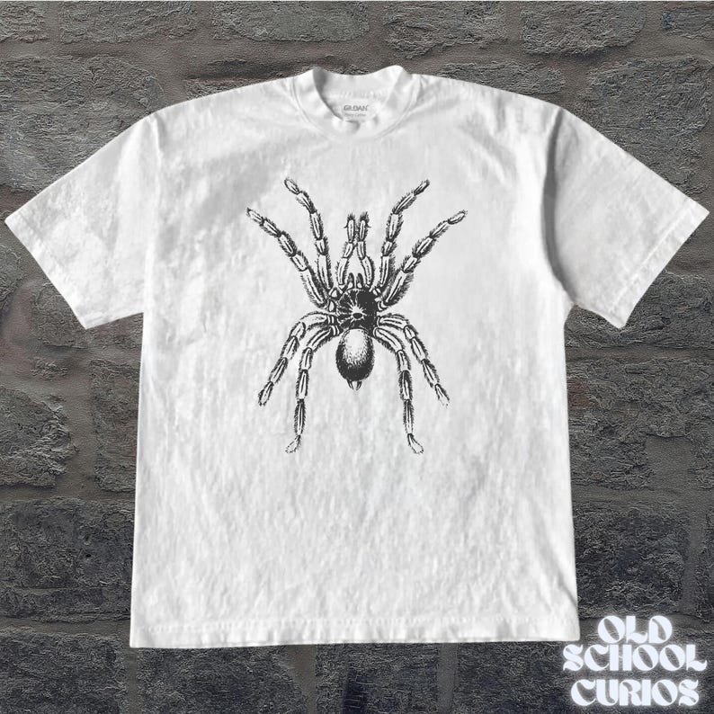 Peut inclure: T-shirt blanc avec une illustration d&eacute;taill&eacute;e en noir et gris d'une araign&eacute;e tarentule. Le t-shirt a un col rond et des manches courtes. Le texte "OLD SCHOOL CURIOS" est imprim&eacute; en blanc en bas &agrave; droite.