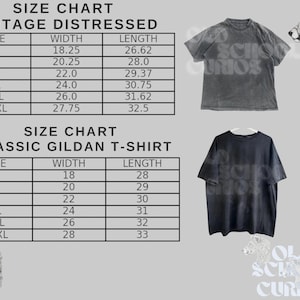 May include: Two t-shirts, one gray and one black, are displayed against a light gray background. Size charts for Vintage Distressed and Classic Gildan t-shirts are shown, detailing measurements in inches. The image includes the text "OLD SCHOOL CURIOS".