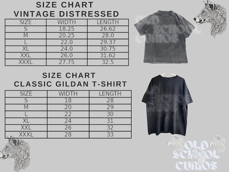 May include: Two t-shirts, one gray and one black, are displayed against a light gray background. Size charts for Vintage Distressed and Classic Gildan t-shirts are shown, detailing measurements in inches. The image includes the text "OLD SCHOOL CURIOS".