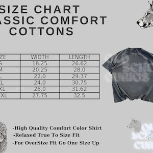Peut inclure: Un t-shirt gris Classic Comfort Cotton avec un tableau des tailles et le texte "High Quality Comfort Color Shirt". Les mesures du t-shirt sont indiqu&eacute;es en pouces. L'image comprend &eacute;galement une illustration de loup et les mots "Old School Curios".