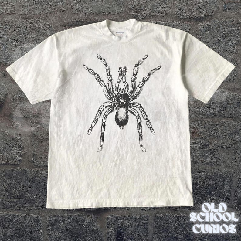 Peut inclure: T-shirt blanc avec une illustration d&eacute;taill&eacute;e en noir et gris d'une tarentule. Le t-shirt a un col rond et des manches courtes. Le texte "OLD SCHOOL CURIOS" est visible en bas &agrave; droite.