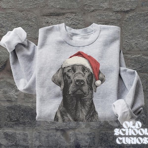 Pu&ograve; includere: Una felpa grigio chiaro con un Labrador Retriever nero che indossa un cappello da Babbo Natale. Il ritratto del cane &egrave; dettagliato. Le maniche sono piegate e il testo "OLD SCHOOL CURIOS" &egrave; visibile. Un articolo festivo e stagionale.