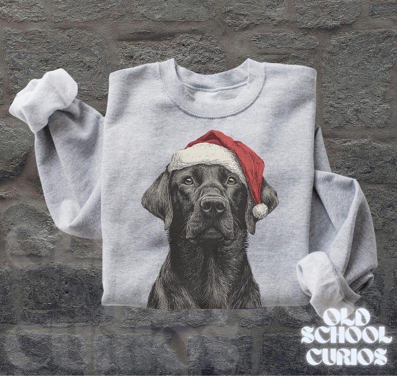 Pu&ograve; includere: Una felpa grigio chiaro con un Labrador Retriever nero che indossa un cappello da Babbo Natale. Il ritratto del cane &egrave; dettagliato. Le maniche sono piegate e il testo "OLD SCHOOL CURIOS" &egrave; visibile. Un articolo festivo e stagionale.