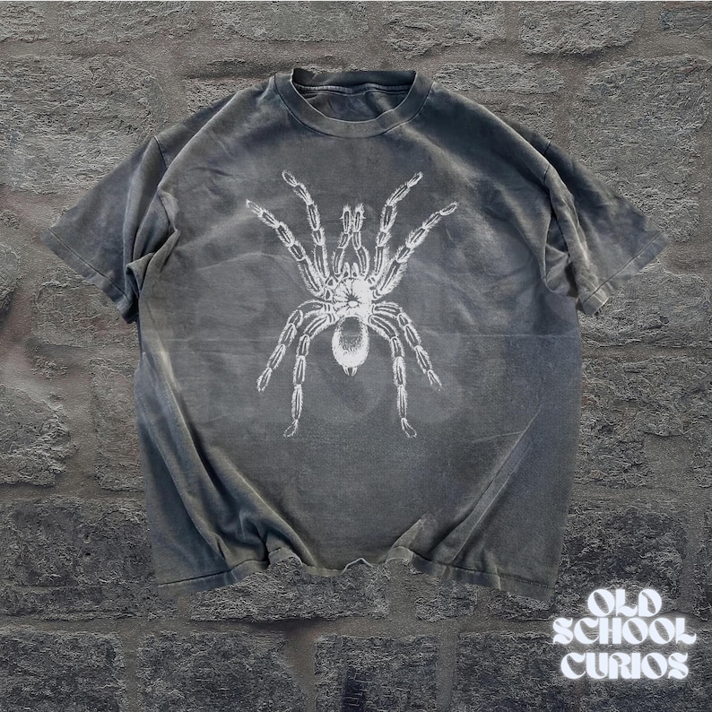 Peut inclure: T-shirt gris avec un motif blanc de tarentule. Le t-shirt a un aspect vintage et vieilli. Les mots "OLD SCHOOL CURIOS" sont imprim&eacute;s en blanc en bas &agrave; droite.