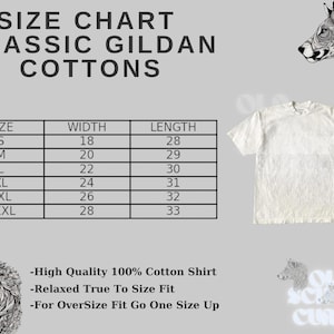 Peut inclure: T-shirt blanc en coton Gildan avec un tableau des tailles et du texte. Le tableau indique les tailles S &agrave; XXXL, avec des largeurs de 45,7 &agrave; 71,1 cm et des longueurs de 71,1 &agrave; 83,8 cm. Le t-shirt est de haute qualit&eacute; et de coupe d&eacute;contract&eacute;e.
