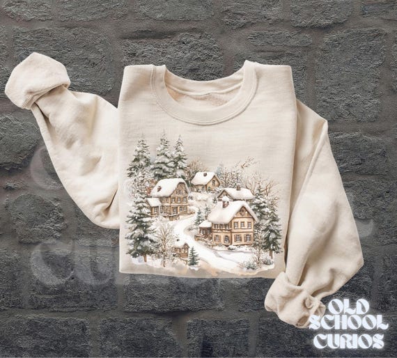 Retro 90s Winter Cabin Snowman Sweatshirt, Christmas Northern Lights Wilderness Sweater, Unisex Holiday Pullover