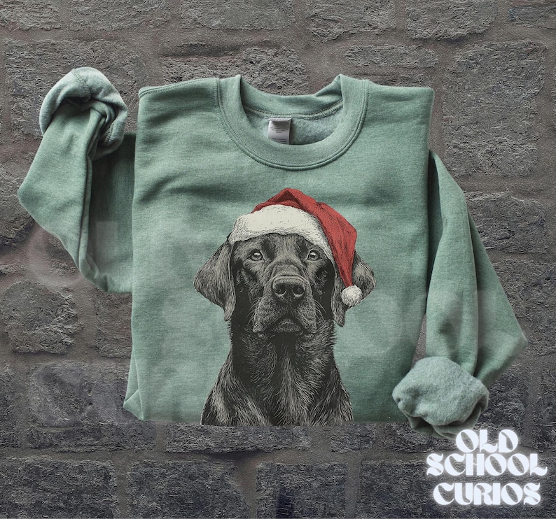 Pu&ograve; includere: Una felpa verde chiaro con un Labrador Retriever nero con un cappello da Babbo Natale. Il ritratto del cane &egrave; centrato sul davanti. Le parole "OLD SCHOOL CURIOS" sono stampate in bianco in basso a destra.