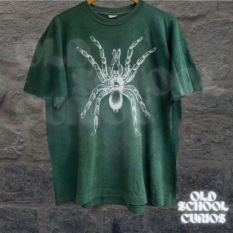 Peut inclure: T-shirt vert avec un motif d'araign&eacute;e blanche. Le t-shirt a un aspect vintage et d&eacute;lav&eacute;. Le texte "OLD SCHOOL CURIOS" est imprim&eacute; en blanc dans le coin inf&eacute;rieur droit.