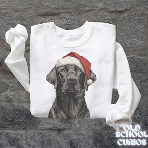 Pu&ograve; includere: Felpa bianca con un Labrador Retriever nero con un cappello da Babbo Natale rosso e bianco. Il ritratto del cane &egrave; dettagliato, con una texture di pelliccia visibile. La felpa ha maniche lunghe e girocollo, perfetta per le festivit&agrave;.