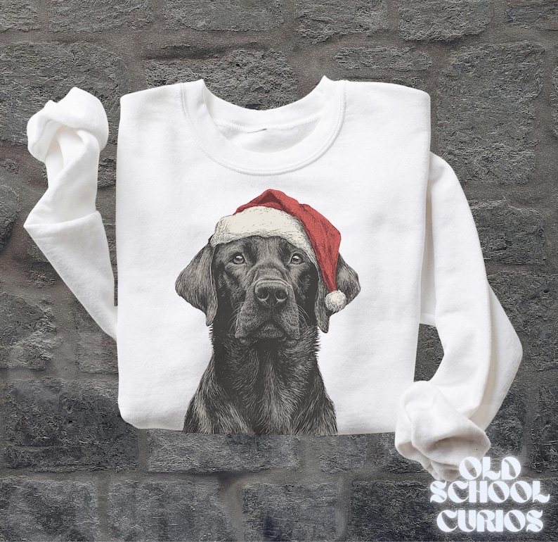 Pu&ograve; includere: Felpa bianca con un Labrador Retriever nero con un cappello da Babbo Natale rosso e bianco. Il ritratto del cane &egrave; dettagliato, con una texture di pelliccia visibile. La felpa ha maniche lunghe e girocollo, perfetta per le festivit&agrave;.