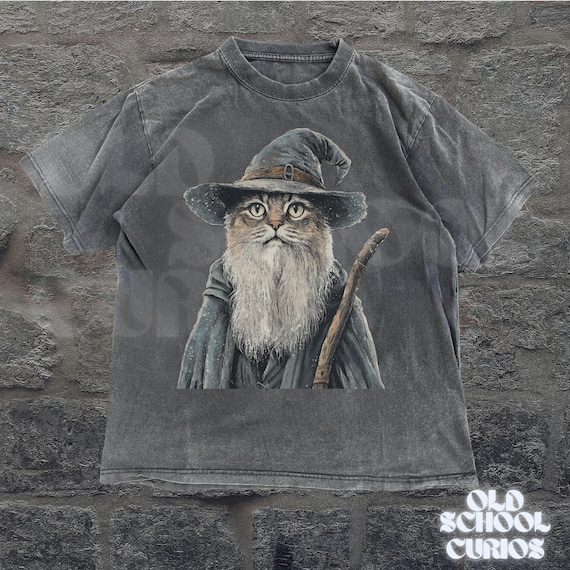 Vintage 90s Catdalf Wizard Graphic Comfort Colors® Shirt, Cat Fantasy Wizard Shirt, Wizard Shirts, Weird Cat Magic Shirts, Funny Cat Shirt