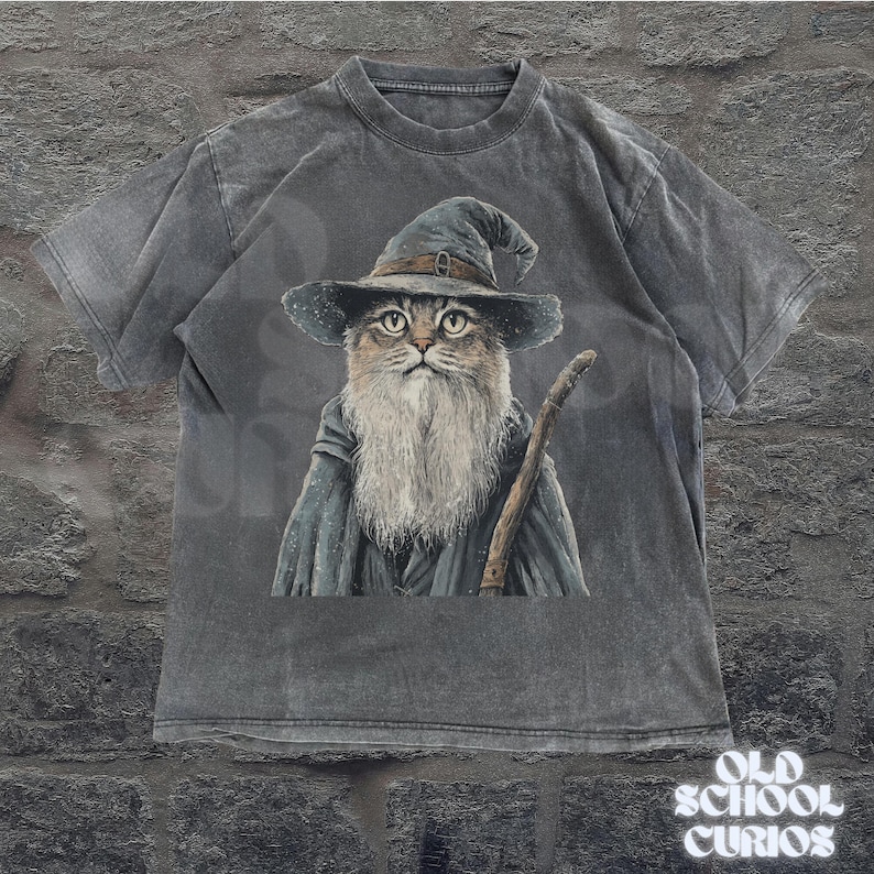 K&ouml;nnte beinhalten: Graues T-Shirt mit einer fantasievollen Illustration einer Katze als Zauberer, komplett mit Hut, langem Bart und Stab. Der Text "OLD SCHOOL CURIOS" ist unten rechts in einer dekorativen Schriftart aufgedruckt.