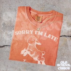 May include: Coral-colored t-shirt with the text "SORRY I'M LATE" and a graphic of a lamb. A gold necklace with a pendant rests on the shirt. The shirt is from Comfort Colors.