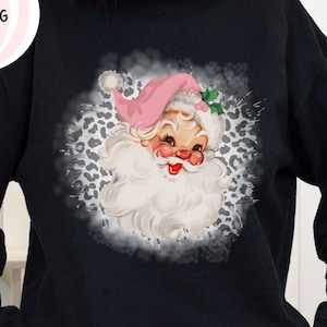 Cute Pink Santa Christmas Sweatshirt w Leopard, Merry Christmas Shirt, Retro Santa Claus Sweater, Woman&#39;s Xmas sweatshirt, Cheetah Christmas