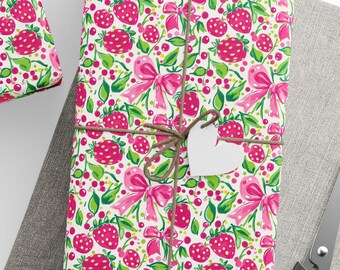 Rollo de papel de regalo Strawberry Coquette, papel de regalo festivo con lazo rosa caprichoso, papel de regalo para el Día de la Madre, regalo de cumpleaños, papel de diseño exclusivo