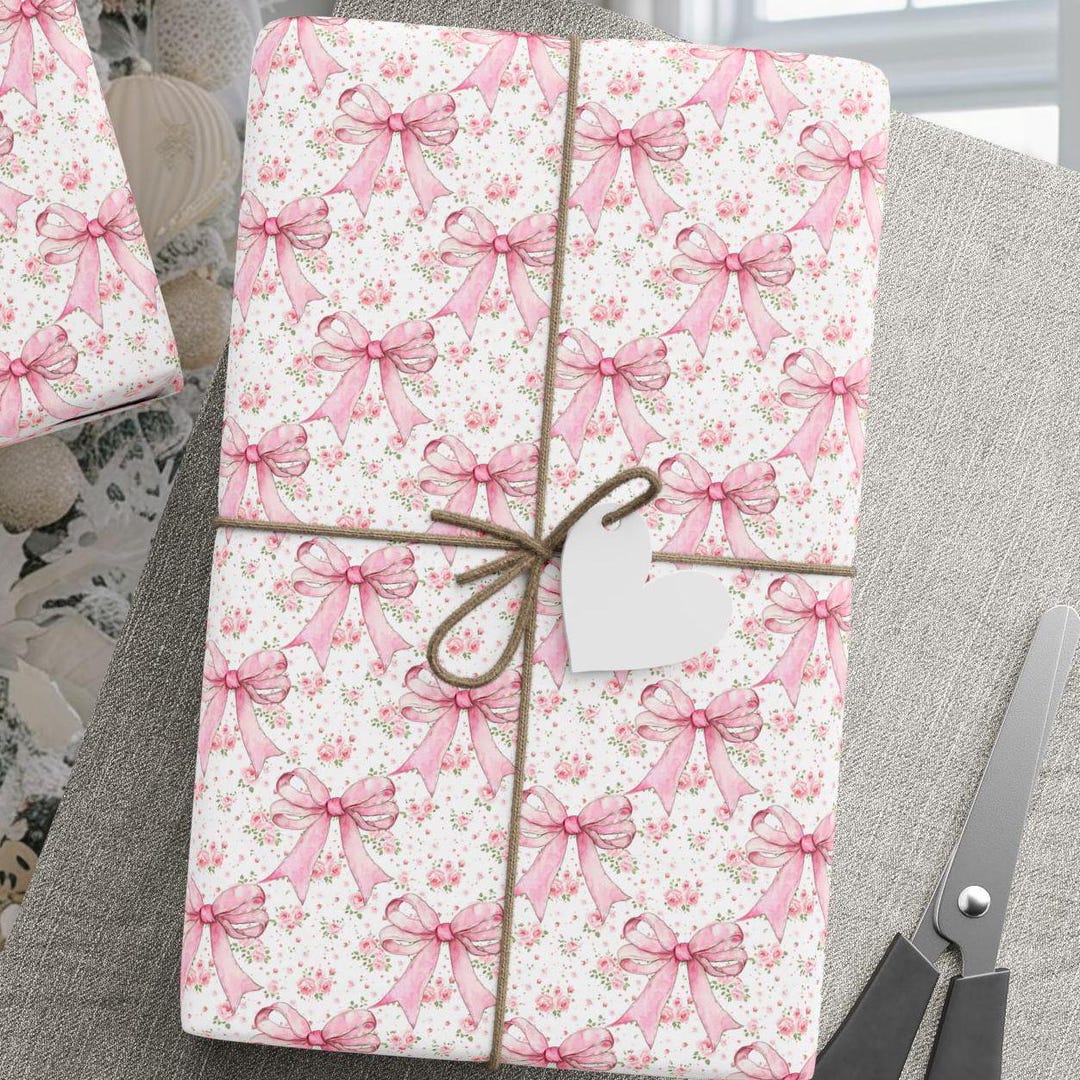 Vintage Floral Pink Bow Wrapping Paper Roll, Pink Coquette Bow Girly ...