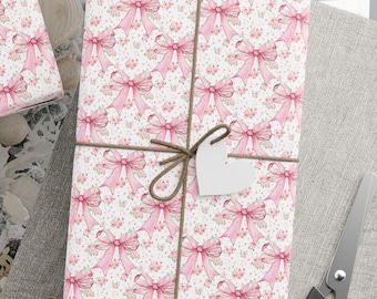 Vintage Floral Pink Bow Wrapping Paper Roll, Pink Coquette Bow Girly Grand Millennial Gift Wrap, Fancy Feminine Giftwrap Unique Birthday