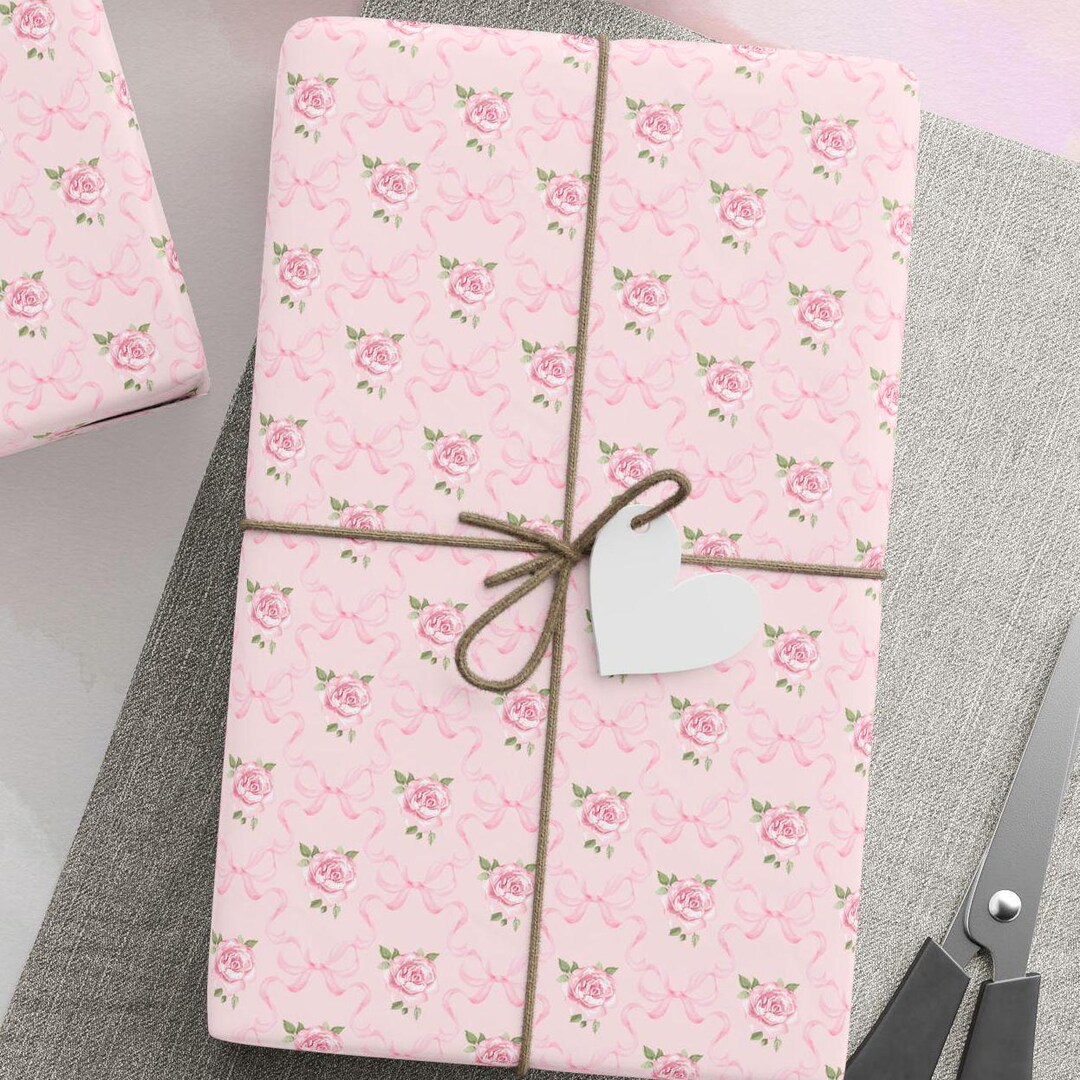 Pink Vintage Floral Coquette Bow Wrapping Paper Roll, Retro Flowers ...