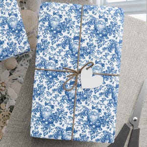Blue Toile Christmas Wrapping Paper, Santa Blue Chinoiserie Christmas Gift Wrap, Vintage Blue Willow Holiday Wrapping Paper Roll, Santa Wrap