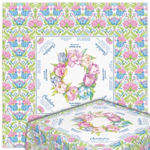 Mahjong Tablecloth Pink Blue Floral Toile, Chinoiserie Game Night Cover, Grandmillennial Mahjong Tablecloth, Mahjong Lover Gift, Mahj Cover