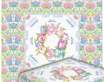 Mahjong Tablecloth Pink Blue Floral Toile, Chinoiserie Game Night Cover, Grandmillennial Mahjong Tablecloth, Mahjong Lover Gift, Mahj Cover