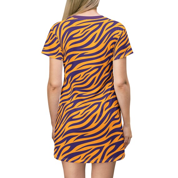 Purple and Gold Tiger T-Shirt Dress, Game Day Clothes for Football & Basketball Fans, School Mascot Outfit, Tiger Stripe Dress
