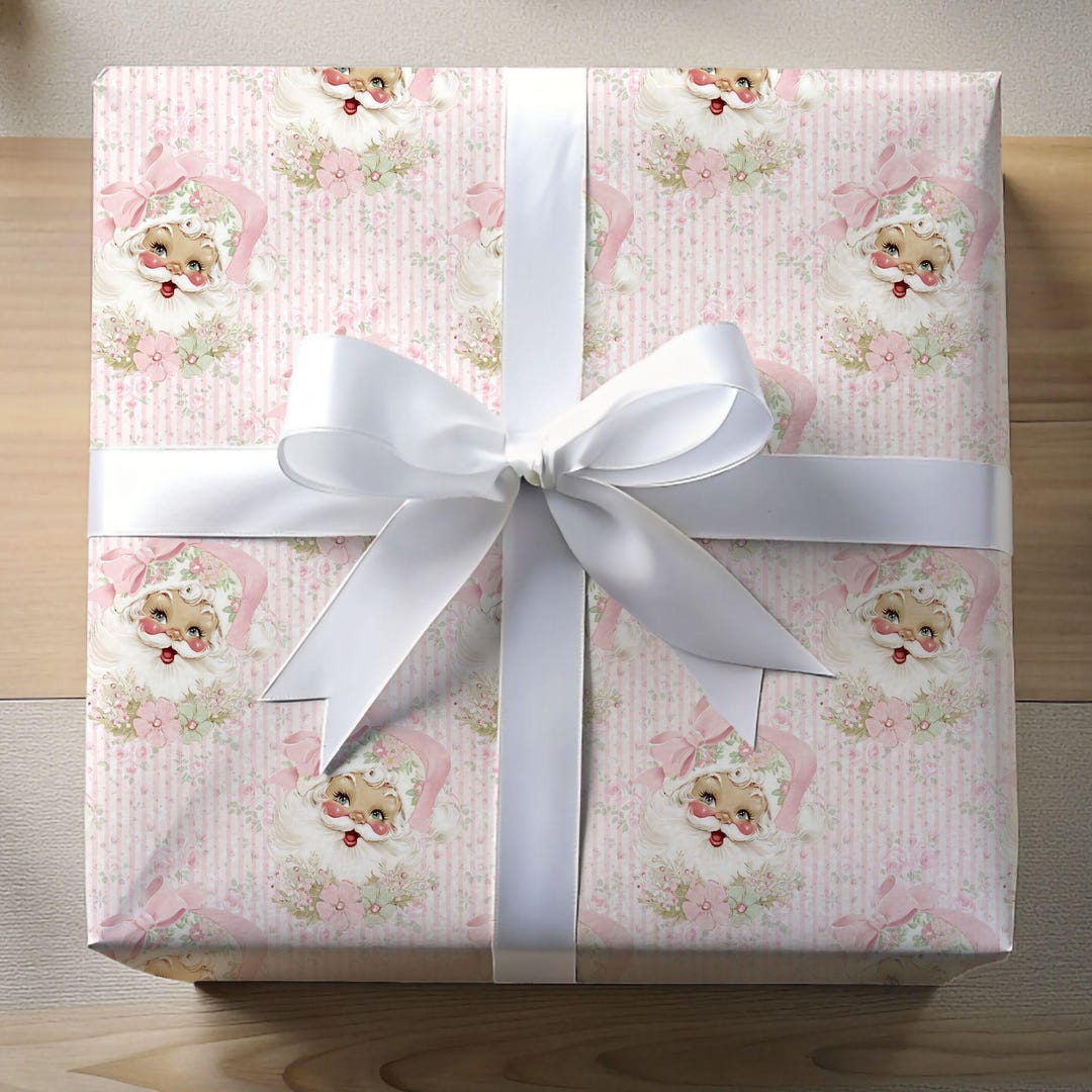 Vintage Christmas Wrapping Paper Roll, Pink Coquette Bow Santa Floral ...