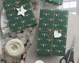 Western Christmas Wrapping Paper, Green Vintage Western Holiday Gift Wrap, Red Bow Festive Cow Skull Cowboy Country Style Giftwrap