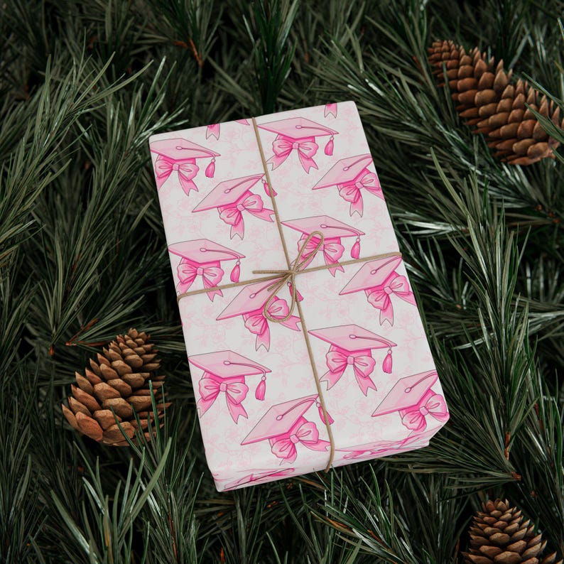Graduation Cap Wrapping Paper Roll, Pink Coquette Bow Gift Wrap for ...